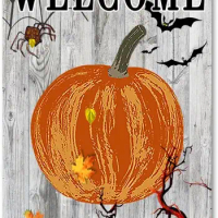 Halloween Welcome Pumpkin Metal Sign Maple Leaves Spider Web Bat Wall Tin Sign Shabby Horror Bloody Art Wall Plaque