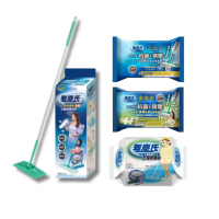 【無塵氏】ACS酒精抗菌濕拖兩用布12包+立體除塵拖把+十字交叉除塵紙2包(地板溼拖巾 酒精擦拭巾)