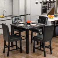 5 Piece Kitchen Table Set, Faux Marble Veneer Wooden Top Counter Height Dining Set with 4 Leather-Upholstered Chairs