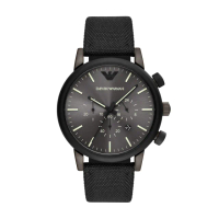 【EMPORIO ARMANI 官方直營】Luigi 都會菁英三眼時尚手錶 黑色真皮帆布錶帶 46MM AR11409