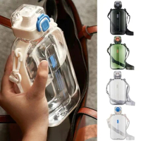 750ml Flat Square Sports Water Bottle Transparent Travel Cup Kettle Portable Drinking Bottle With Adjustable Strap For Outdoor