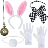 PESENAR White Rabbit Costume Bunny Dress Up Accessory Kit Include Headband Clock Necklace Tail Bowtie Nose