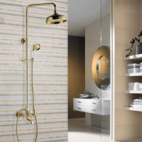 Shower Faucets Gold Brass Bathroom Shower Mixer Tap Faucet Set Rain Shower Head Round Wall Mounted Bathtub Faucet agf351
