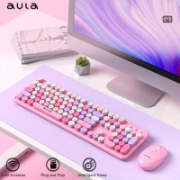 AULA AC306 2.4G Wireless Keyboard and Mouse Combo Ergonomic Round 104 Keys Retro Keyboard For Laptop PC