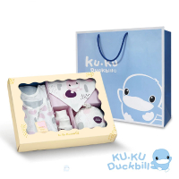【KU.KU. 酷咕鴨】超好眠洞洞懶人包巾旗艦彌月禮盒6件組(藍/粉)
