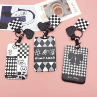 Cute Acrylic Pendant Bank Card Case Simple Black Color Student Campus Photo ID Badge Card Holder with Keychain Lattice Pattern