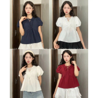 💯FREE SHIP💯Áo babydoll nữ A.723, Áo cổ tàu tay ngắn dáng babydoll phối ren hoa cổ thắt nơ xinh xắn -