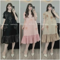 【Deal hot】 Váy bầu V102 - Váy Cotton Hàn Chân Voan Tơ Phối Hoa Nổi Sang Trọng. Nhiều Màu, Dài  Váy :