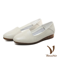 【Vecchio】真皮頭層牛皮尖頭淺口純色平底單鞋(白)