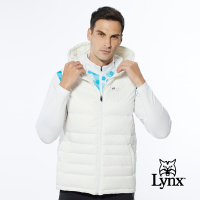 【Lynx Golf】男款保暖羽絨素面款脇邊羅紋設計無袖連帽背心-白色