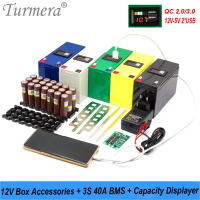 Kotak Bateri, Turmera, 12V, Pemegang 3X7 18650, 3S 40A BMS, DC 12V hingga 5V, QC3.0 / 2.0, 2 * Displ