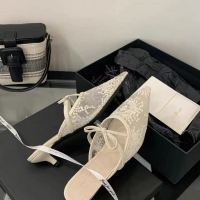 Gentle Mesh Pointed Toe Bow High Heels for Women, Open Toe Mules, Niche Shallow Mouth Mules, Sandals