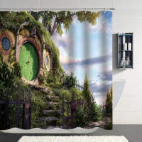Fantasy Rural Green Living Cabin Fabric Shower Curtain Sets Magic Bathroom Curtains with Hooks Decoration Waterproof