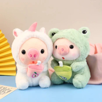 25CM Kawaii Bubble Tea Pig Plush Toy Stuffed Animal Bunny Frog Tiger Pillow Cup Milk Tea Boba Plushie Doll Birthday Gift