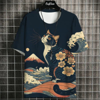 Cartoon Anime Cat Printed T Shirt For Men Japanese Tees Wolf T-Shirt Outdoor Hip Hop Tops Clothes Casual Loose Short Sleeve Tees