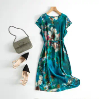 Benefits! Crepe de chine mulberry silk dress floral straight mid-length dress for women summer