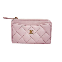 CHANEL 香奈兒  新款限定色雙C LOGO菱格紋小牛皮L型拉鍊零錢包/卡包(粉紫/香檳金)