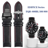 22mm Curved End Cowhide Leather Watchband For EDIFICE Casio EQB-800BL 500 501 900 Silicone Bracelet Watch Band Male Black Strap