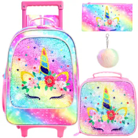Rolling Backpack for Girls and Boys Kids Unicorn Dinosaur Bookbag with Roller Wheels Suitcase School Bag Set