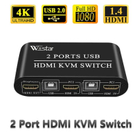 Wiistar KVM HDMI Switch USB 2 Port 4K30Hz HDMI Switcher kvm switch hdmi dual monitor for Sharing Monitor Keyboard Mouse Printer