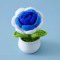 Simulated Rose Potted Plants Handwoven Simulation Pot Knitting Rose Flower Bonsai Mini Cute Style Diy Crochet Knitted for Garden