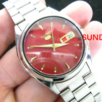 Red dial Japanese Seiko 5 automatic men's watch (Roman+English)Transparent rear cover 7S26A