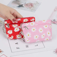 Multifunctional Women PU Leather ID Card Case Daisy Design Gift Zipper Bag Coin Purse Short Wallets Credit Card Holder