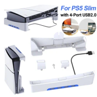 For PS5 Slim Horizontal Holder Base Stand Holder Stable with 4-Port USB2.0 Hub Host Rack Storage Holder for Playstation 5 Slim
