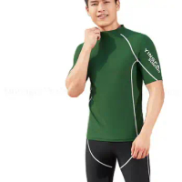 YINGFA UPF50+ Men Rash Guard Shirt Green Short Sleeve Surfing T Shirt Floatsuit Tops Uv Quick Dry Rushguard For Teen Boys