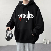 Japanese Anime Monster Logo Graphic Hoodie Harajuku Cool Style Long Sleeve Men Women Fashion Oversized Sweatshirt Hoodies Unisex