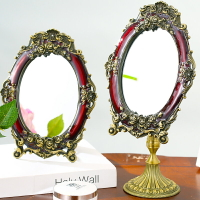 化妝鏡結婚鏡子高清紅色玫瑰新娘陪嫁梳妝鏡金屬臺式結婚禮品鏡子