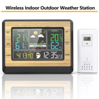 Wireless Indoor Outdoor Weather Station Thermometers LCD Color Screen Digital Temperature Humidity Meter Weather Station Clock