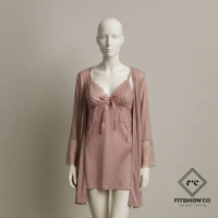 F'C Lingerie Transparan Berenda Pita Tengah Dada Model Terusan Dengan Jubah Luaran Bahan Jaring Halu