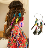 波西米亞民族風孔雀彩色羽毛頭飾編織異域發帶拍照道具