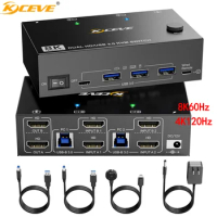 8K HDMI KVM Switch 2 Monitors 2 Computers Dual Monitor Support 8K 4K,Dual Monitor KVM Switch HDMI 2 Port and 4 USB3.0 Devices