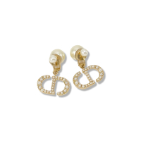 DIOR 經典 大小珍珠 垂墜標誌珍珠 夾式耳環/耳夾 (金色)