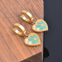 KIOOZOL 316L Stainless Steel Heart Hoop Earrings For Women Green White Enamel Gold Color Ear Jewelry Party Gifts 916 KO6