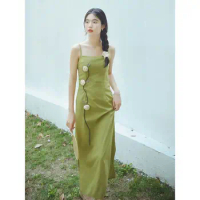 2022 Summer Female Deep Retro Chinese Suspender Dress Commuting Fresh Green Slim French Dress Green Qipao Cheongsam Dress