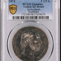 koin perak antik 1874 Netherlands 2½ Gulden Silver Coin PCGS Slab Willem III Varian Scabbard Rare Co
