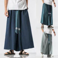 Japanese Traditional Samurai Style Kimono Loose Casual Wide Leg Pants for Men Fashion Streetwear Linen Male Solid Trouser Pants