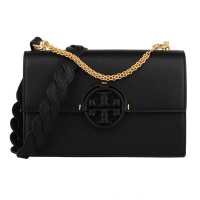 TORY BURCH - Miller霧黑TB鵝卵石皮革鍊帶斜背包(黑)