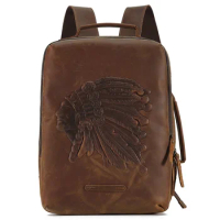 Genuine Leather Men's Backpack for 14" Laptop Rucksack Crazy Horse Leather Men Schoolbag Retro Embossing Travel Backpack