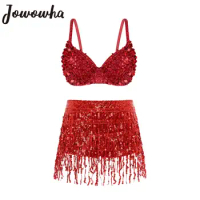 Womens Belly Dance Performance Outfit Sparkle Sequins Bra Top with Tassel Hot Pants Latin Jazz Disco Party Nightclub Costume