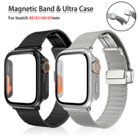 Milanese Loop+ultra Case for Apple Watch Band 45mm 44mm 40mm 41mm Magnetic Folded Bracelets for IWatch 8 7 6 5 4 Se 3 2 1 Strap