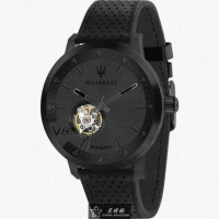 【MASERATI 瑪莎拉蒂】MASERATI手錶型號R8821134001(黑雙面機械鏤空錶面黑錶殼深黑色真皮皮革錶帶款)
