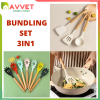 BUNDLING SET 3IN1 Sutil Silicon Gagang Kayu Peralatan Masak Murah Utensil Silikon Spatula Silicone T