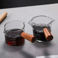 Glass Measuring Cup Wood Handle Glass Espresso Measuring Cup Heat-resistant Milk Jug Coffee Cup Double/Single Mouth Measure Mug