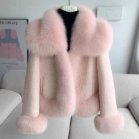 Vintage Imitation Fox Fur Grass Coat Women's Short 2024New Furry coat Woolen collar thickened warm coat for winter Fur Coat Pink