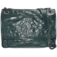 【YSL】經典NIKI BABY系列墨綠金屬LOGO鍊條揉製漆皮翻蓋肩/斜背包(墨綠533037-0EN04-3045)