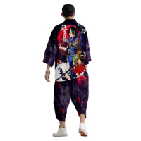 Summer Japanese Style Samurai Kimono Pants Suit Streetwear Men Women Chinese Cartoon Printed Cardigan Japan Harajuku Clothes